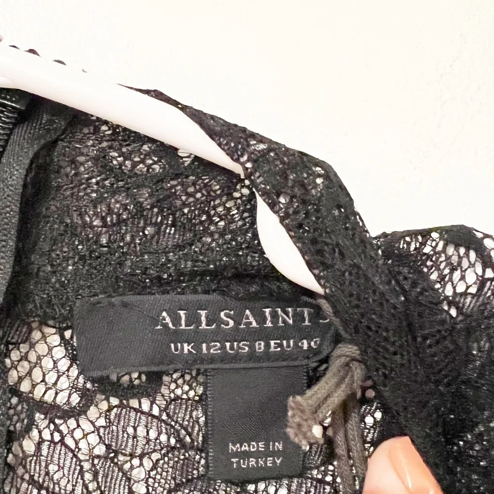 NWT All Saints Hanna Lace Black Asymmetrical Mock Neck Midi Dress Size US 8 - Picture 12 of 16